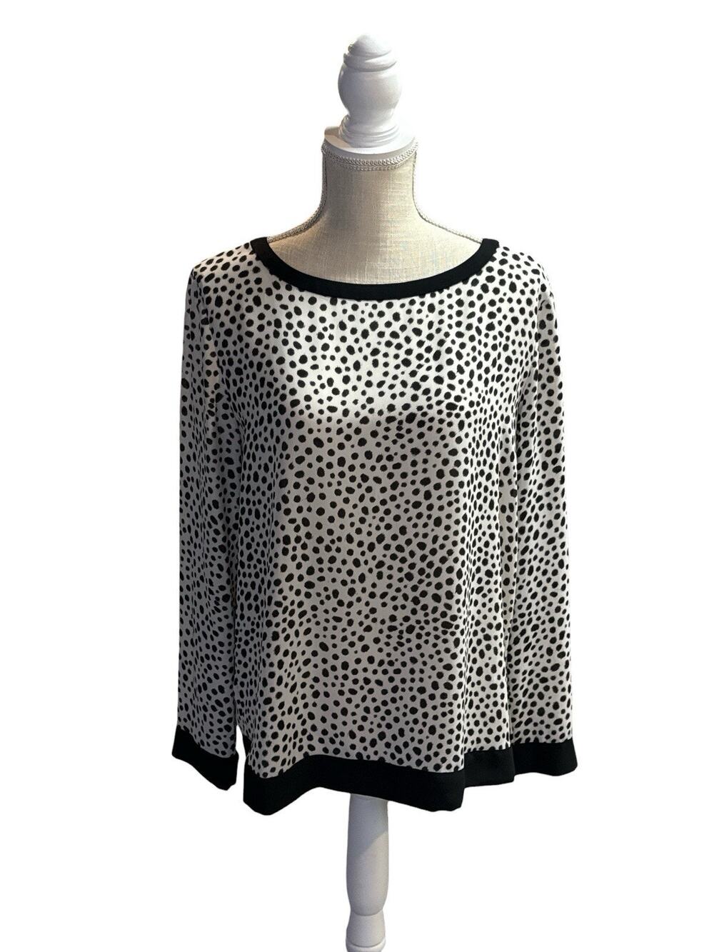 LOFT Top White Black Polka Dots Long Sleeve Sheer Exposed Back Zipper Medium